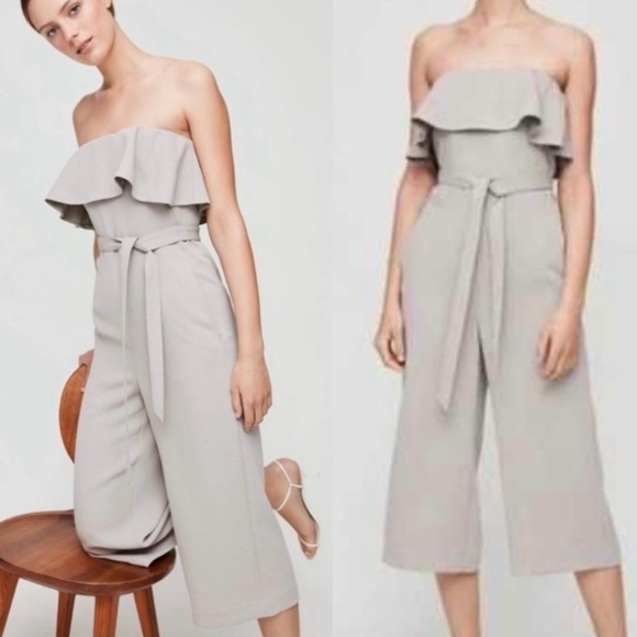 Babaton Pants - Aritzia Babaton Concrete Beton Gray Strapless Flutter Ruffle Jumpsuit Size 8